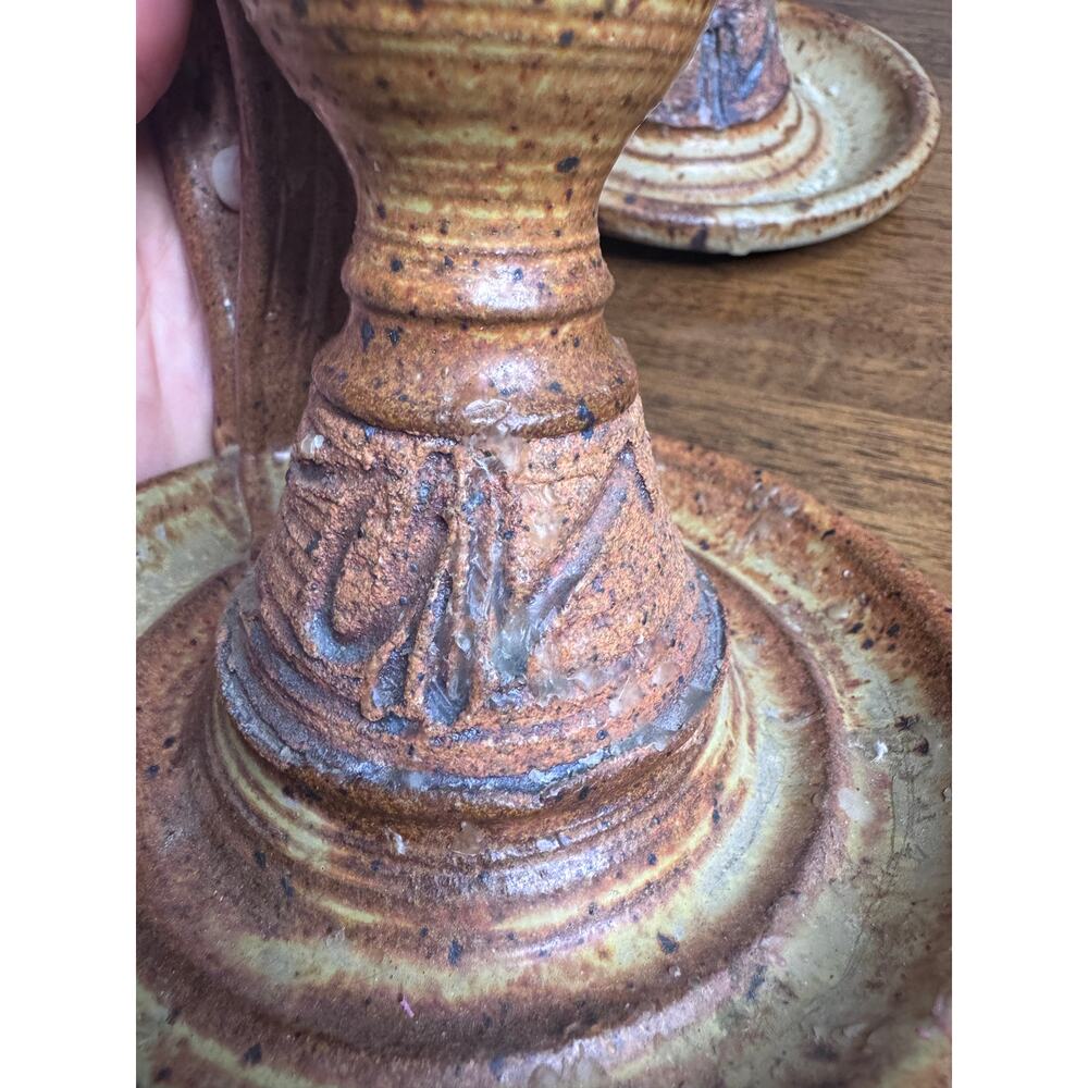 Pair of Vintage Artist Signed Studio Pottery Chamberstick Candle Holders - Picture 6 of 10